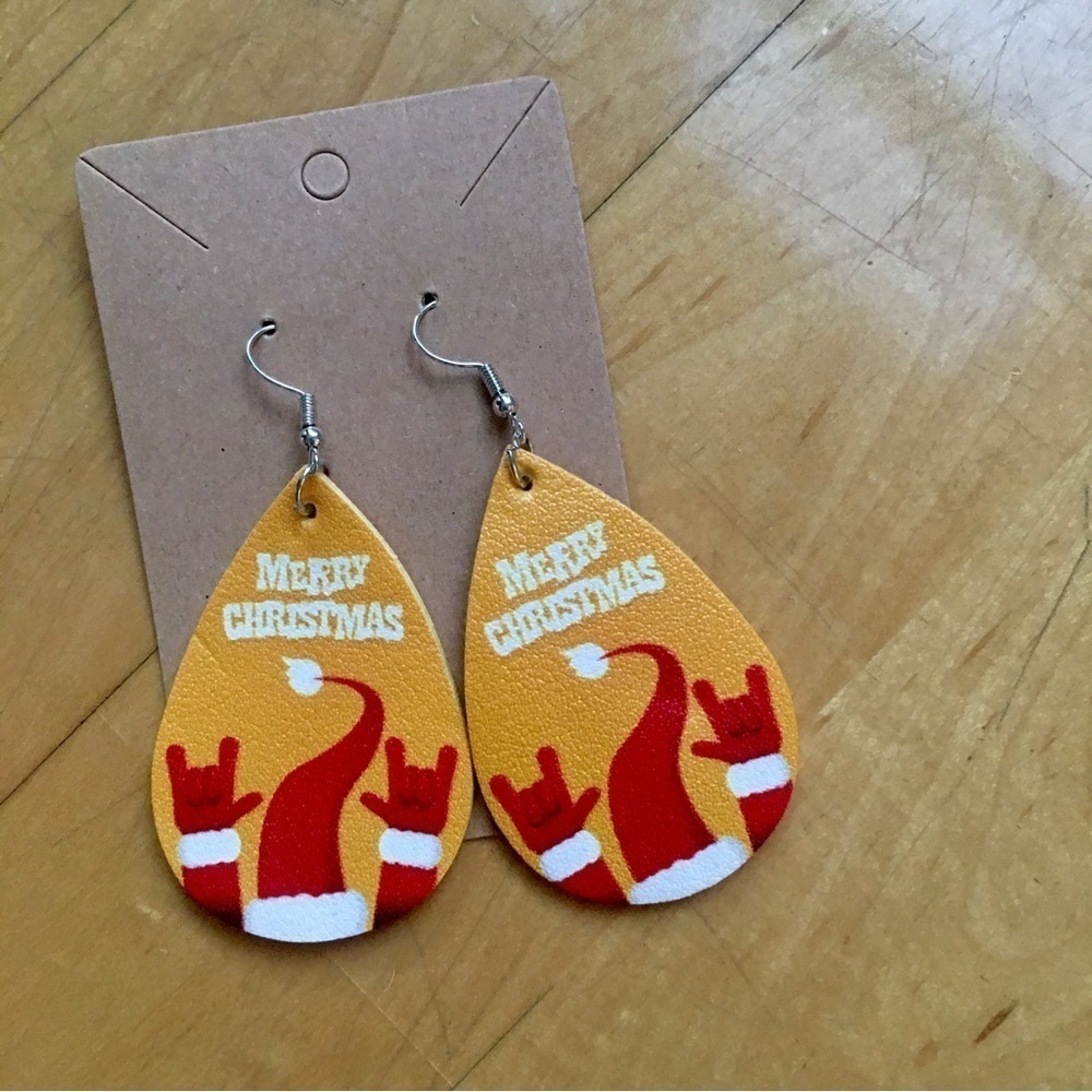 Merry Christmas Rock On Santa Earrings, Gold, Red, Lightweight, Faux Leather